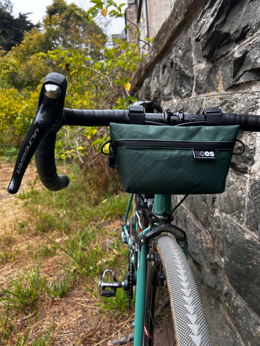 Bicycle handlebar with a green bag attached, surrounded by natural scenery.